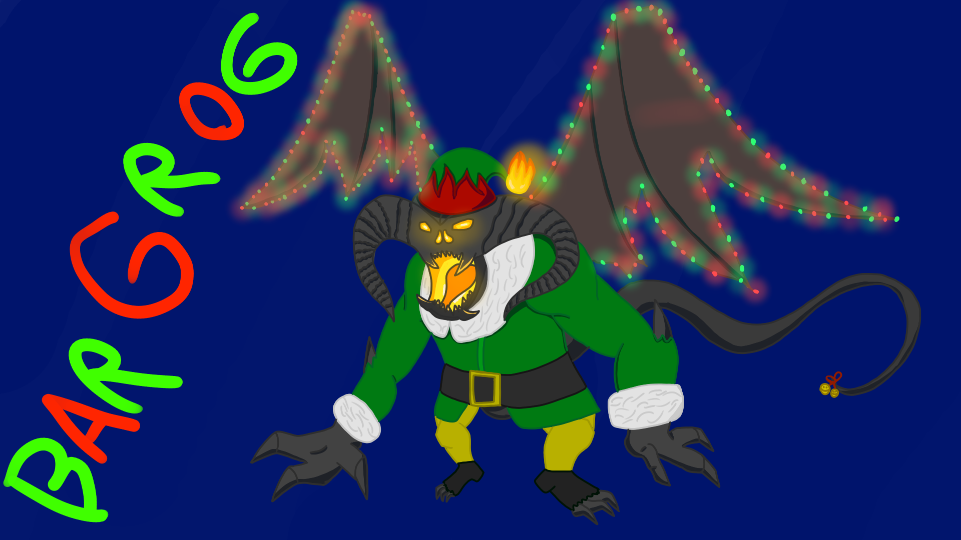 A monster with giant horns, claws, and tail in an elf costume with christmas lights on its wings and the name bargrog