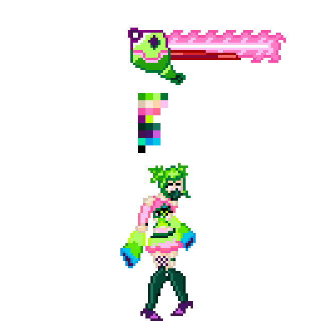 A colorful cyberpunk looking women with a color pallet and pink laser chainsaw floating above