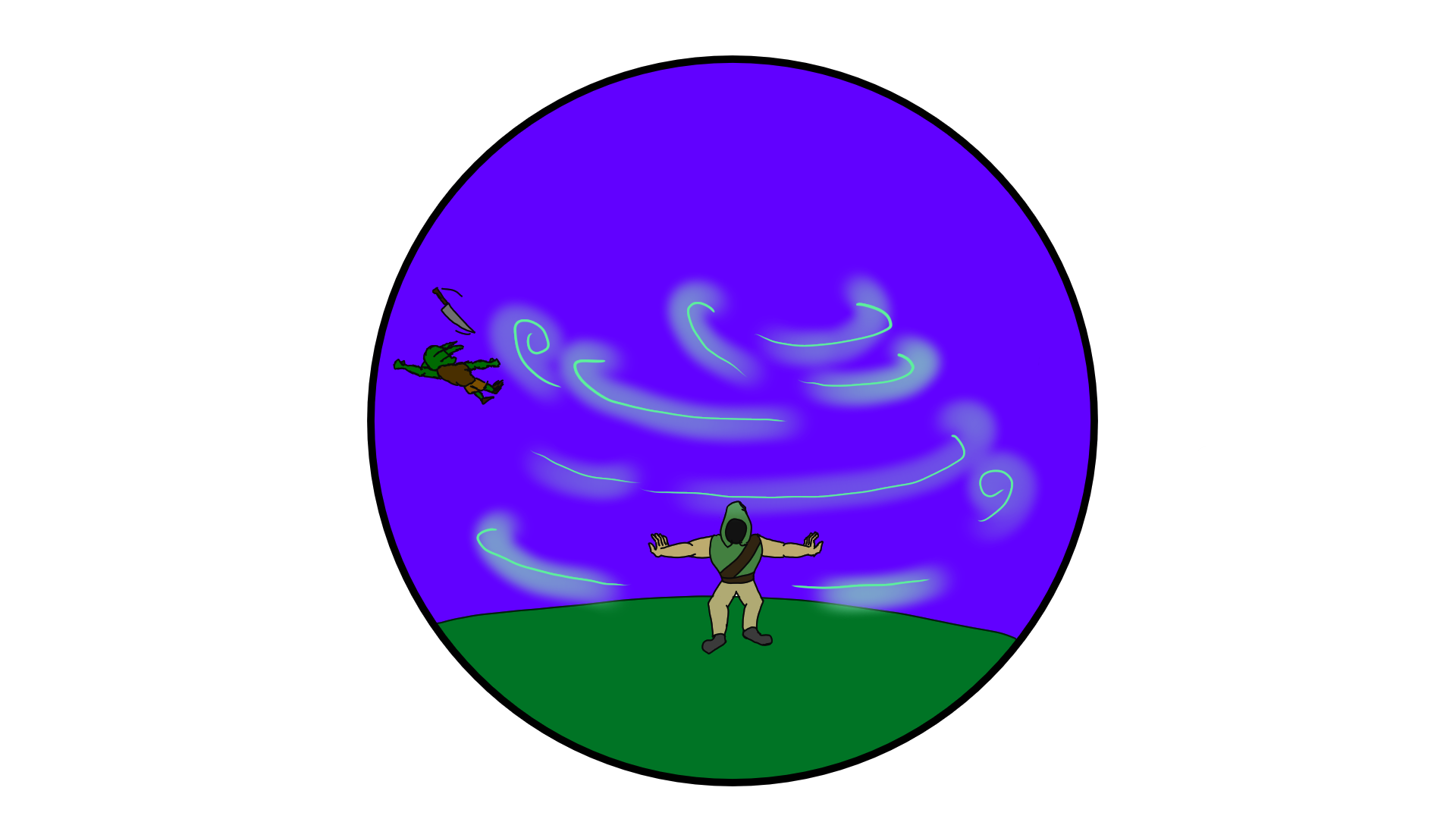 A guy making a ball of wind to push away a goblin