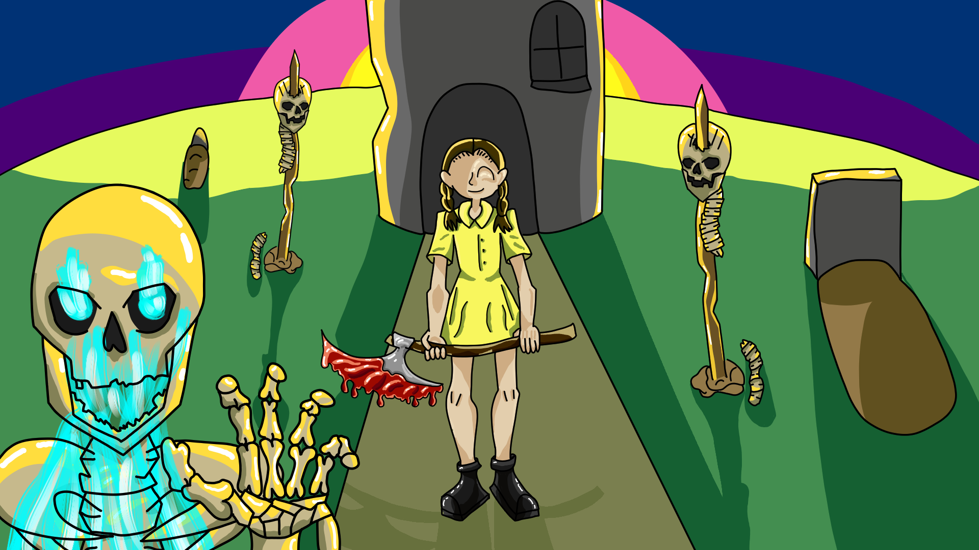 A graveyard with revived skeletons and a little girl in a yellow dress holding a bloody axe!