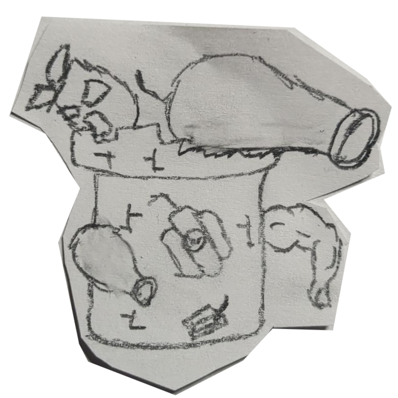A drawing of a tower with a bunch of weapons including a giant cannon, nuke, muscle arm, and dynamite