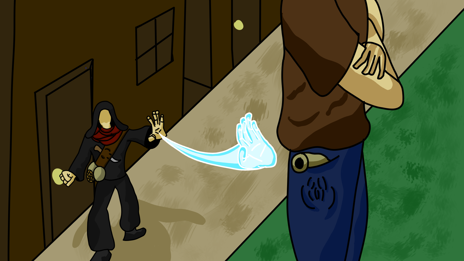 A drawing of a rouge using mage hand to steal something out of someones pockets