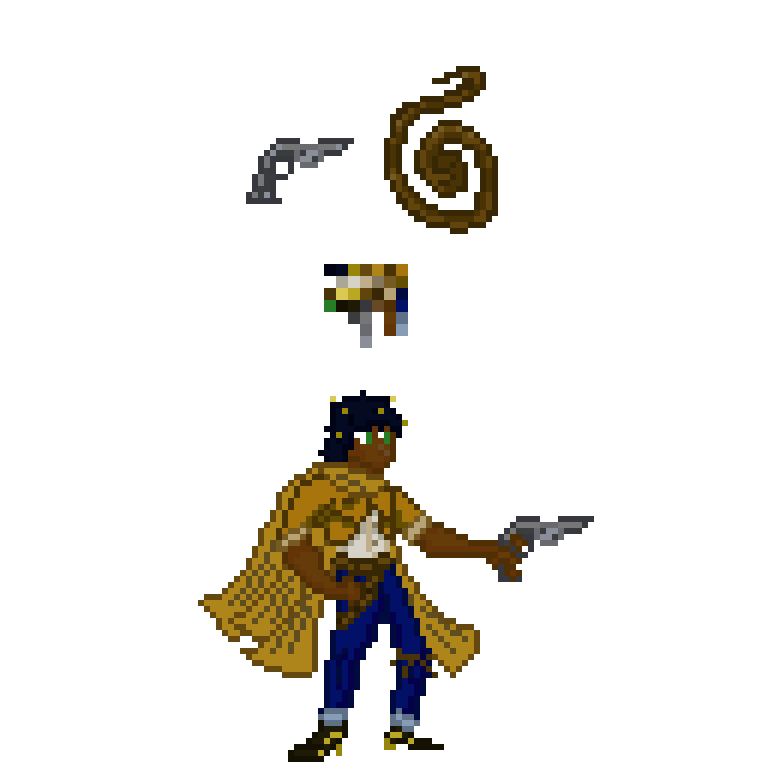 A cowboy with the color pallet and whip/gun floating above